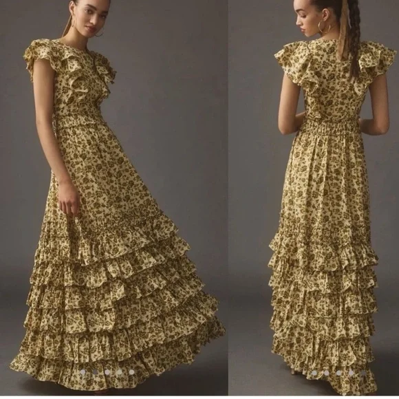 Anthropologie Mac Duggal Ruffle Cotton Voile Formal Gown Maxi Dress Size 12 - Picture 4 of 10